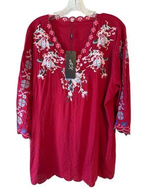 AK Embroidered Rayon Tunic Top 3XL Red Floral Boho Peasant Blouse NWT